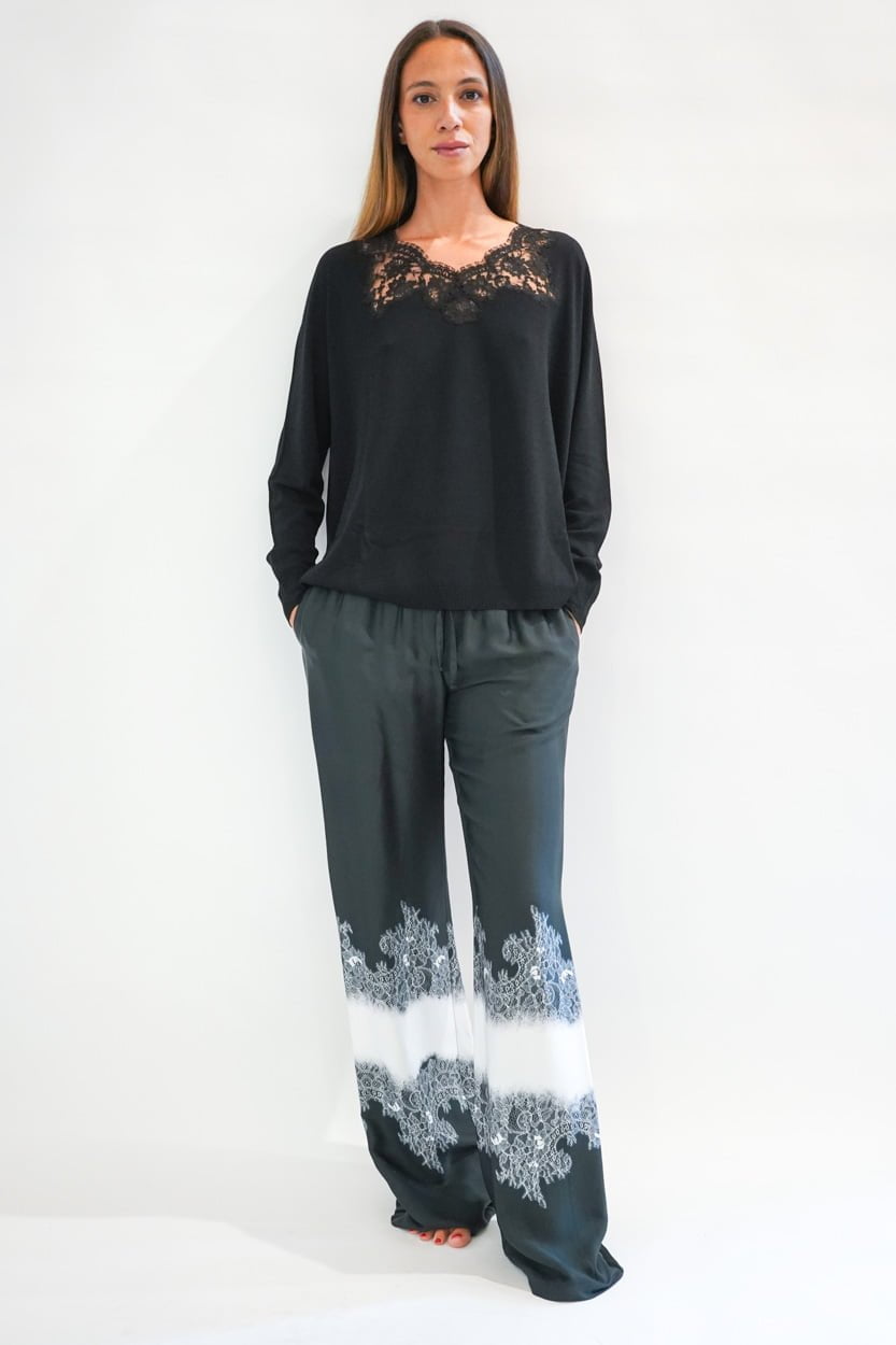 Pantalone seta largo effetto tie dye con pizzo