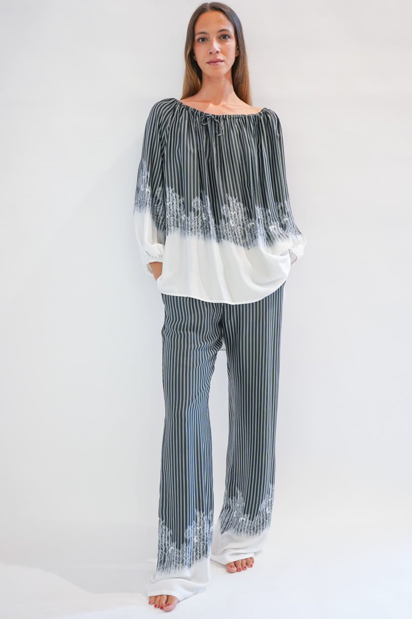 Pantalone seta coulisse righe con finale stampa