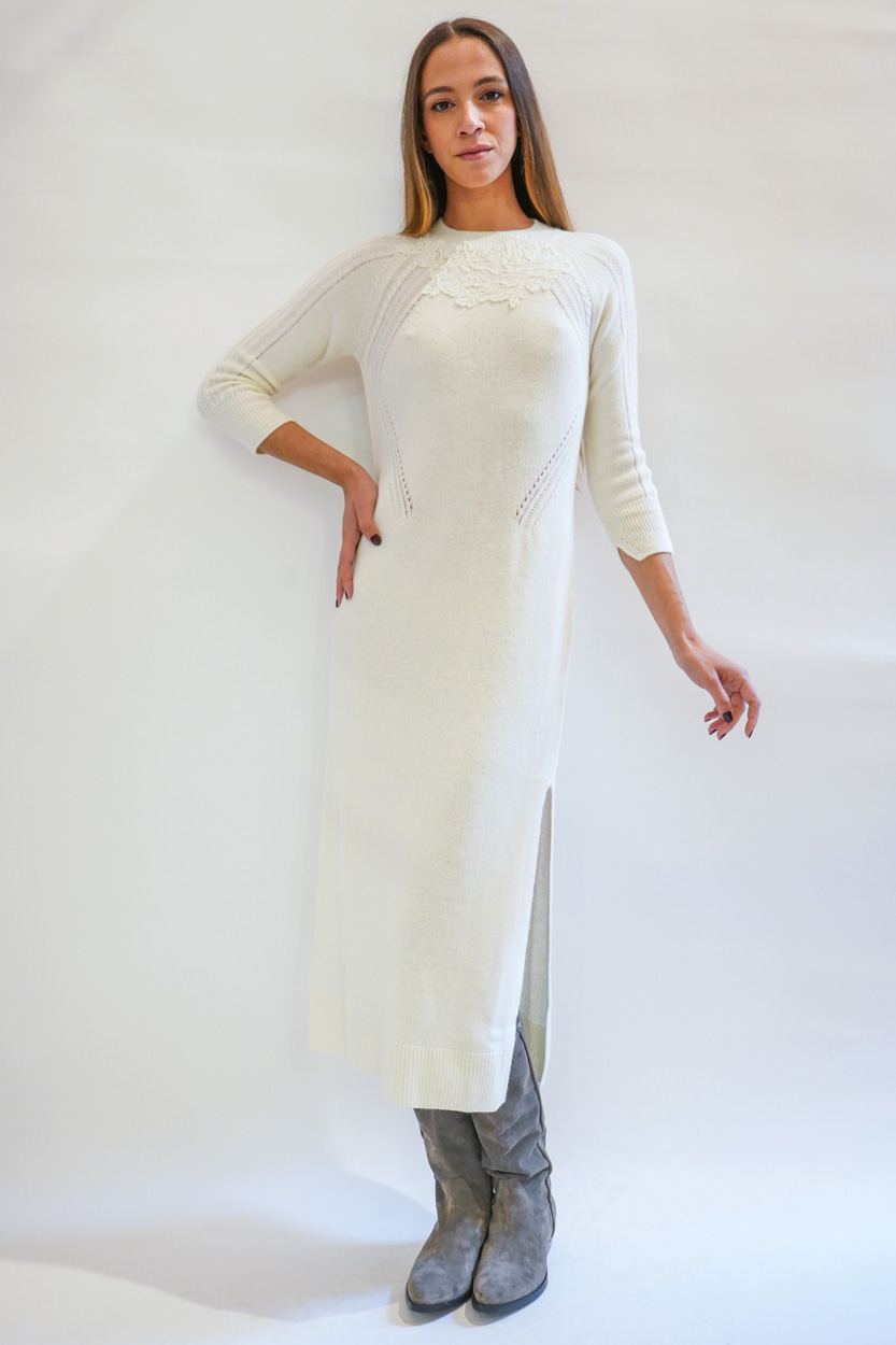 Abito longuette lana jacquard e pizzo con spacco laterale