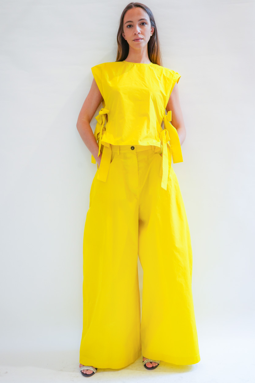 Pantalone 5 tasche ampio con mezzo elastico taffeta
