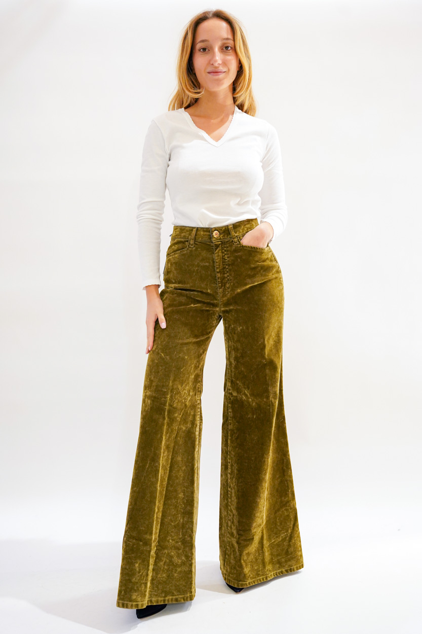 Pantalone fondo largo denim effetto camoscio 5 tasche